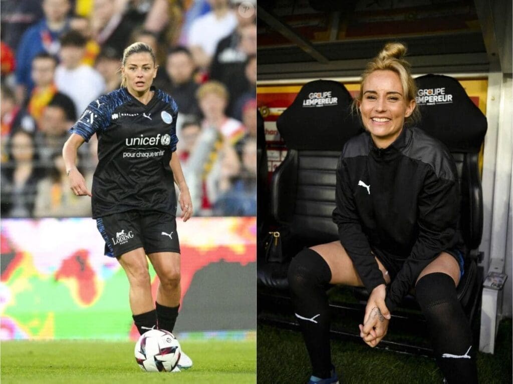 Laure Boulleau sur la gauche et Élodie Gossuin au match des héros affrontant Lens.