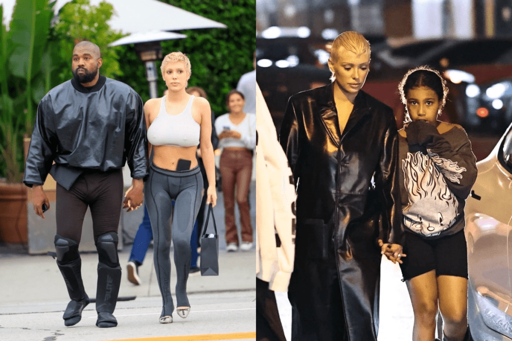 Kanye west et sa fille aux extrémités de la photo et Bianca, la femme de Kanye West au centre lors de l'anniversaire de Kanye West