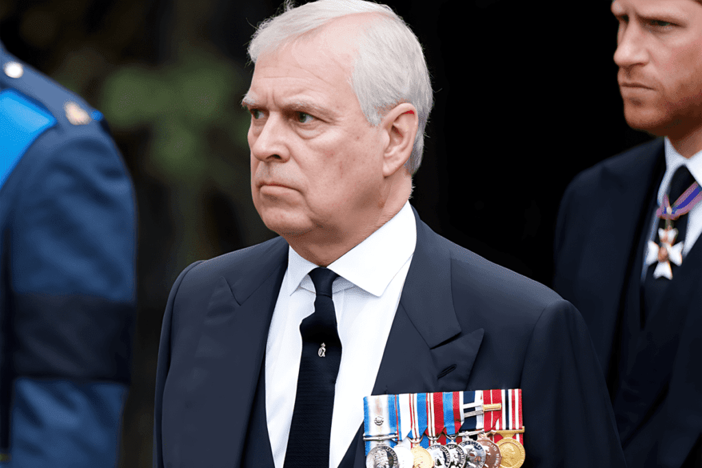 Prince Andrew, distingué et portant des médailles, capturé lors d'une occasion formelle, évoquant son lien controversé avec Jeffrey Epstein.